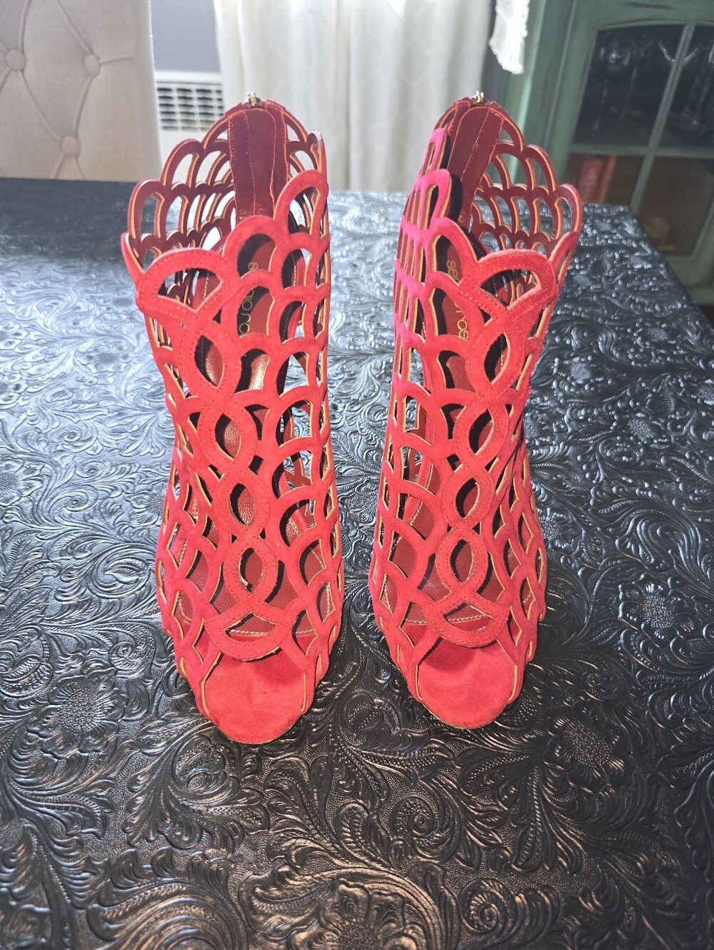 Boheme Red Laser-Cut Peep-Toe Heels